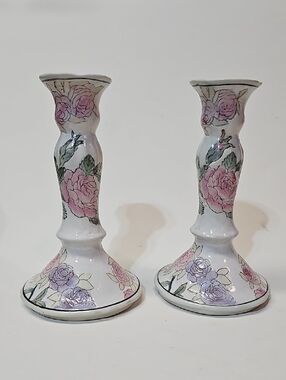 Vintage H.F.P. Macau Toyo Porcelain Candle Holders - Pink & Lavender Roses